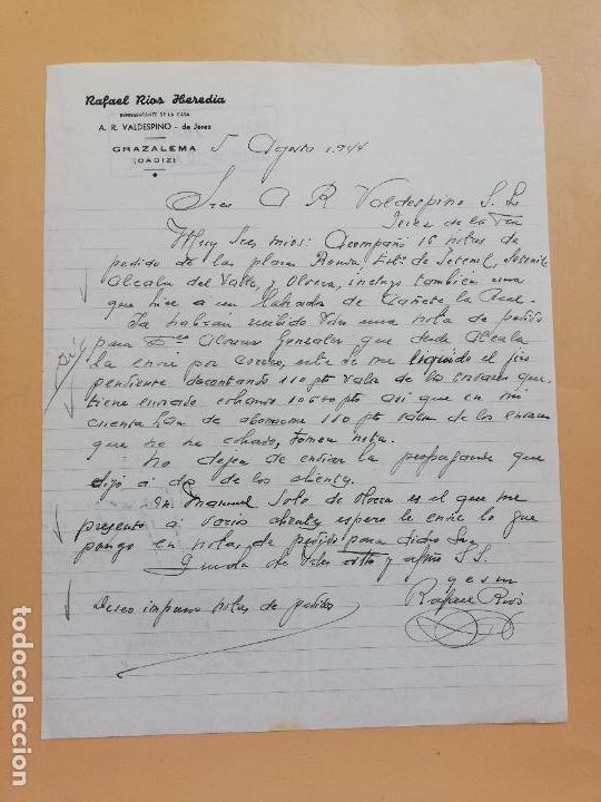 Gesch&auml;ftsbriefe: CARTA COMERCIAL. RAFAEL RIOS HEREDIA. REPRESENTANTE A. R. VALDESPINO. GRAZALEMA, CADIZ. 1944.