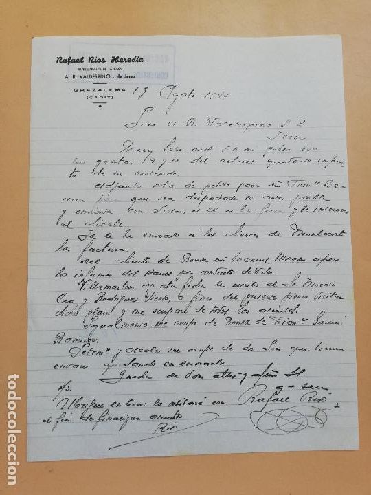 Gesch&auml;ftsbriefe: CARTA COMERCIAL. RAFAEL RIOS HEREDIA. REPRESENTANTE A. R. VALDESPINO. GRAZALEMA, CADIZ. 1944.