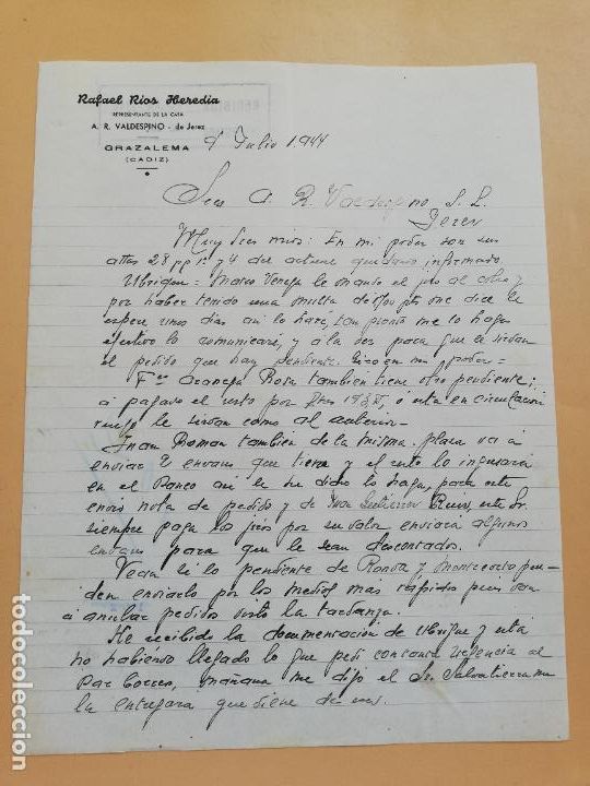 Gesch&auml;ftsbriefe: CARTA COMERCIAL. RAFAEL RIOS HEREDIA. REPRESENTANTE A. R. VALDESPINO. GRAZALEMA, CADIZ. 1944.