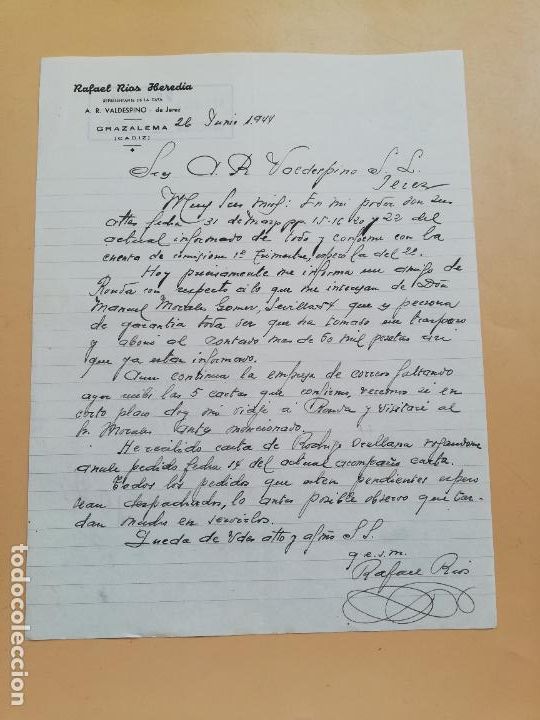 Gesch&auml;ftsbriefe: CARTA COMERCIAL. RAFAEL RIOS HEREDIA. REPRESENTANTE A. R. VALDESPINO. GRAZALEMA, CADIZ. 1944.
