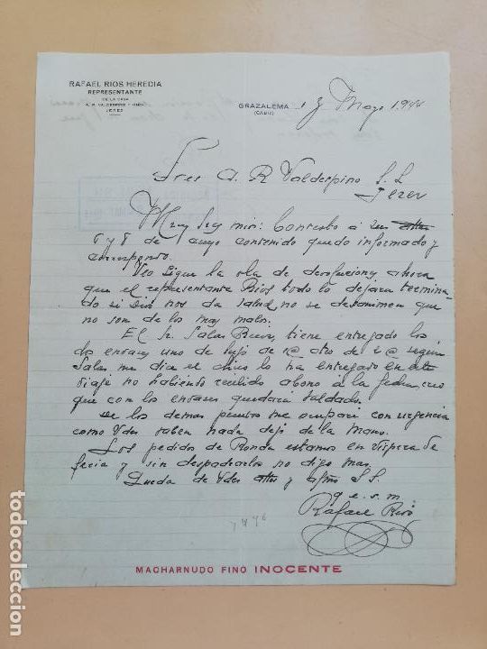 Gesch&auml;ftsbriefe: CARTA COMERCIAL. RAFAEL RIOS HEREDIA. REPRESENTANTE A. R. VALDESPINO. GRAZALEMA, CADIZ. 1944.