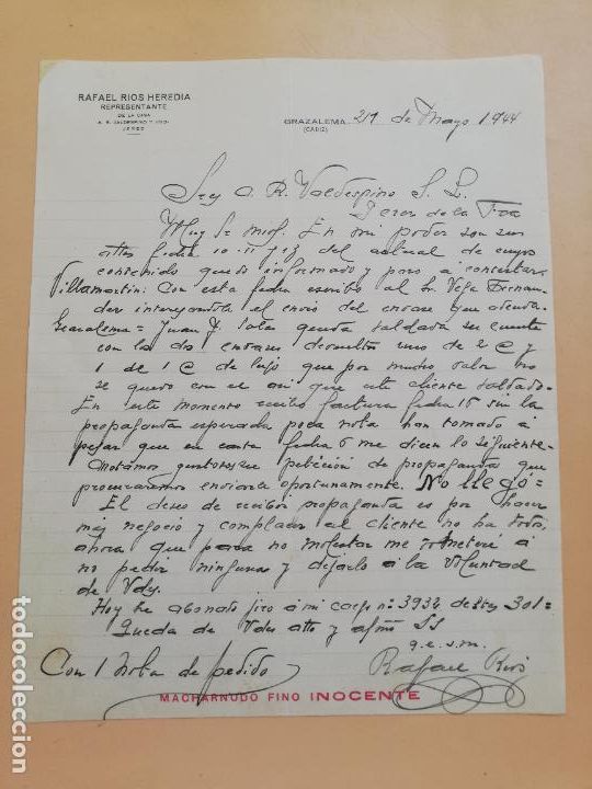 Gesch&auml;ftsbriefe: CARTA COMERCIAL. RAFAEL RIOS HEREDIA. REPRESENTANTE A. R. VALDESPINO. GRAZALEMA, CADIZ. 1944.