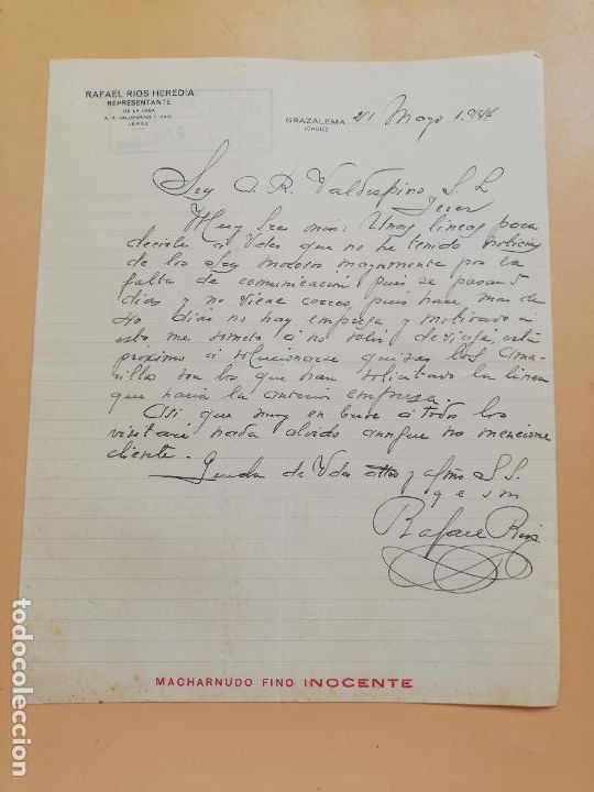 Gesch&auml;ftsbriefe: CARTA COMERCIAL. RAFAEL RIOS HEREDIA. REPRESENTANTE A. R. VALDESPINO. GRAZALEMA, CADIZ. 1944.