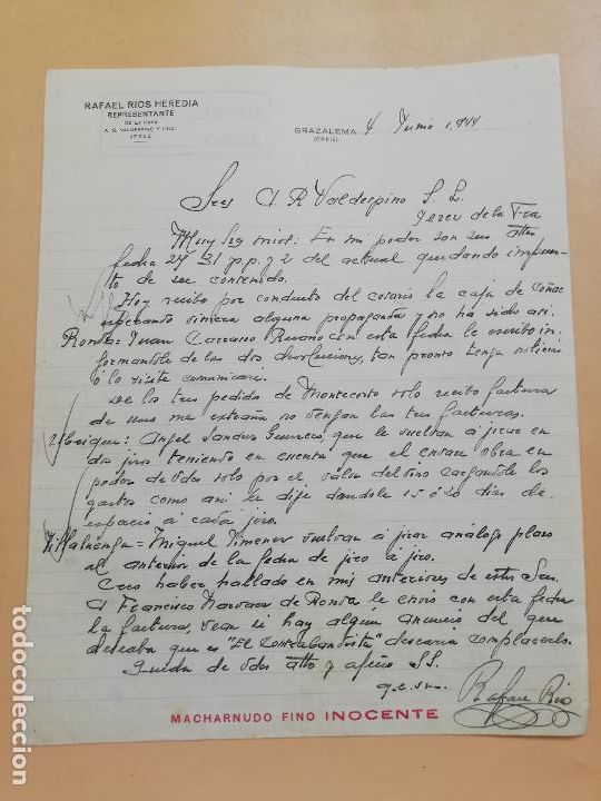Gesch&auml;ftsbriefe: CARTA COMERCIAL. RAFAEL RIOS HEREDIA. REPRESENTANTE A. R. VALDESPINO. GRAZALEMA, CADIZ. 1944.