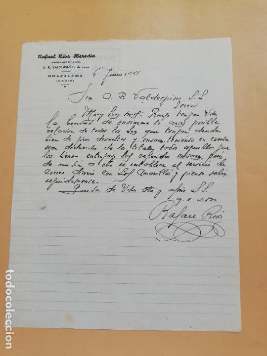 Gesch&auml;ftsbriefe: CARTA COMERCIAL. RAFAEL RIOS HEREDIA. REPRESENTANTE A. R. VALDESPINO. GRAZALEMA, CADIZ. 1944.