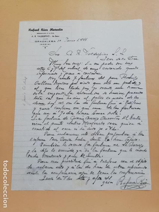 Gesch&auml;ftsbriefe: CARTA COMERCIAL. RAFAEL RIOS HEREDIA. REPRESENTANTE A. R. VALDESPINO. GRAZALEMA, CADIZ. 1944.