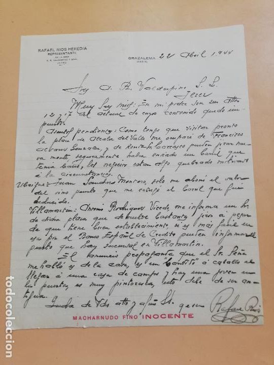 Gesch&auml;ftsbriefe: CARTA COMERCIAL. RAFAEL RIOS HEREDIA. REPRESENTANTE A. R. VALDESPINO. GRAZALEMA, CADIZ. 1944.