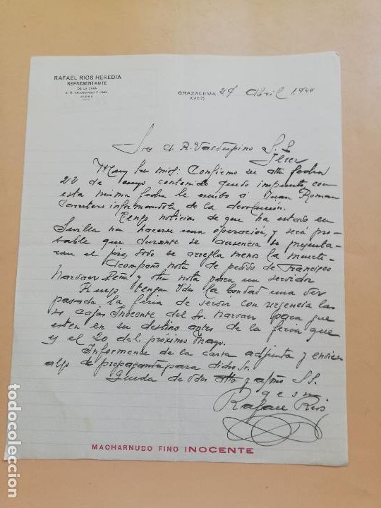 Gesch&auml;ftsbriefe: CARTA COMERCIAL. RAFAEL RIOS HEREDIA. REPRESENTANTE A. R. VALDESPINO. GRAZALEMA, CADIZ. 1944.