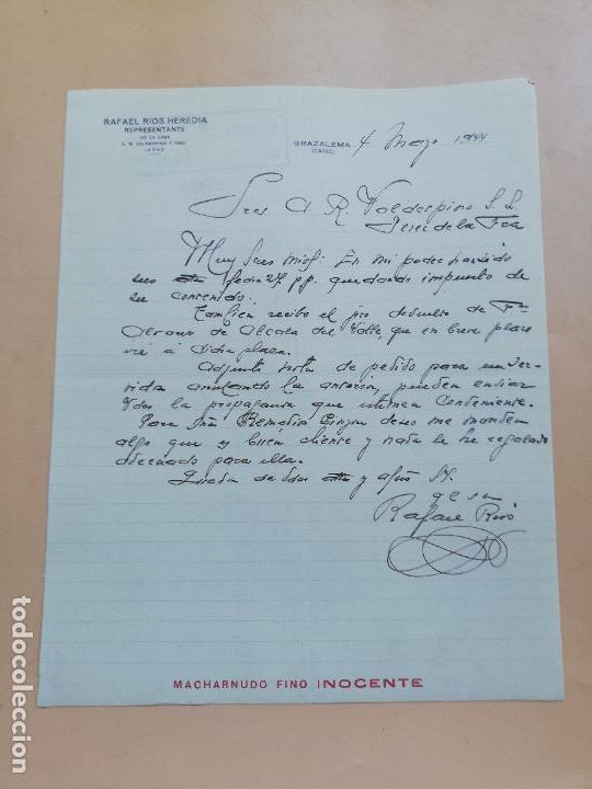 Gesch&auml;ftsbriefe: CARTA COMERCIAL. RAFAEL RIOS HEREDIA. REPRESENTANTE A. R. VALDESPINO. GRAZALEMA, CADIZ. 1944.