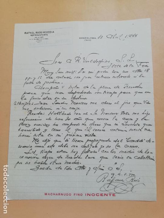 Gesch&auml;ftsbriefe: CARTA COMERCIAL. RAFAEL RIOS HEREDIA. REPRESENTANTE A. R. VALDESPINO. GRAZALEMA, CADIZ. 1944.