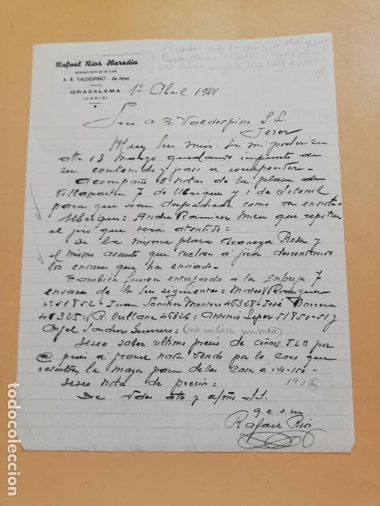 Gesch&auml;ftsbriefe: CARTA COMERCIAL. RAFAEL RIOS HEREDIA. REPRESENTANTE A. R. VALDESPINO. GRAZALEMA, CADIZ. 1944.