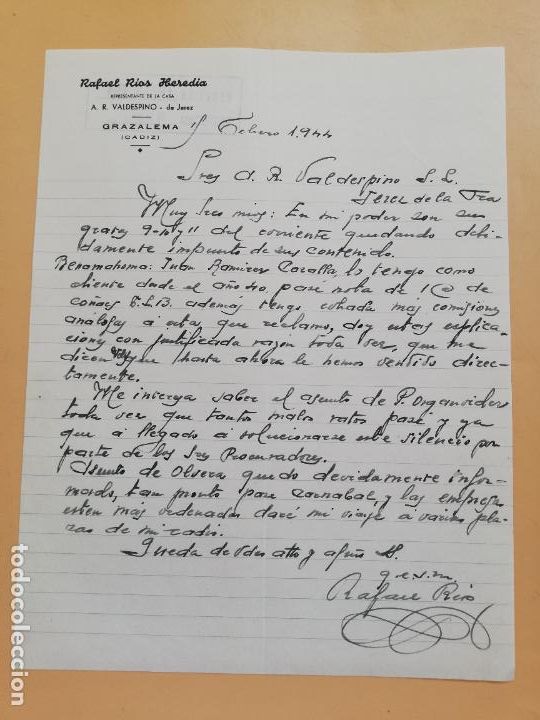Gesch&auml;ftsbriefe: CARTA COMERCIAL. RAFAEL RIOS HEREDIA. REPRESENTANTE A. R. VALDESPINO. GRAZALEMA, CADIZ. 1944.