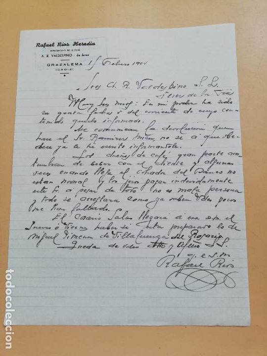 Gesch&auml;ftsbriefe: CARTA COMERCIAL. RAFAEL RIOS HEREDIA. REPRESENTANTE A. R. VALDESPINO. GRAZALEMA, CADIZ. 1944.