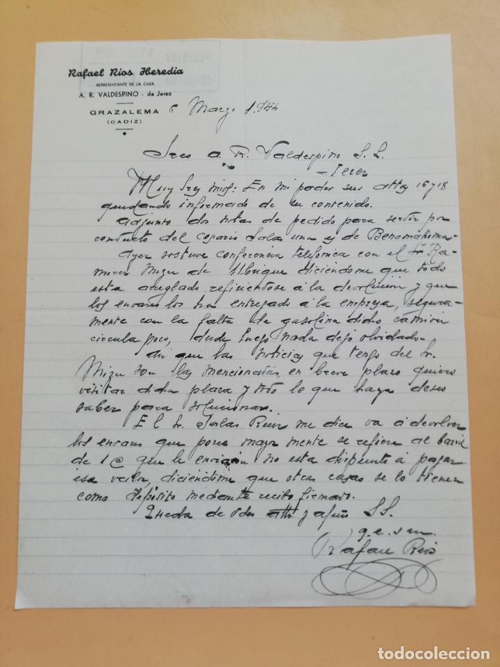 Gesch&auml;ftsbriefe: CARTA COMERCIAL. RAFAEL RIOS HEREDIA. REPRESENTANTE A. R. VALDESPINO. GRAZALEMA, CADIZ. 1944.