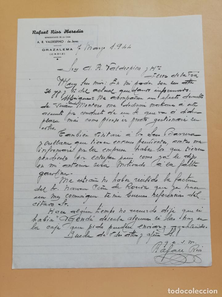 Gesch&auml;ftsbriefe: CARTA COMERCIAL. RAFAEL RIOS HEREDIA. REPRESENTANTE A. R. VALDESPINO. GRAZALEMA, CADIZ. 1944.