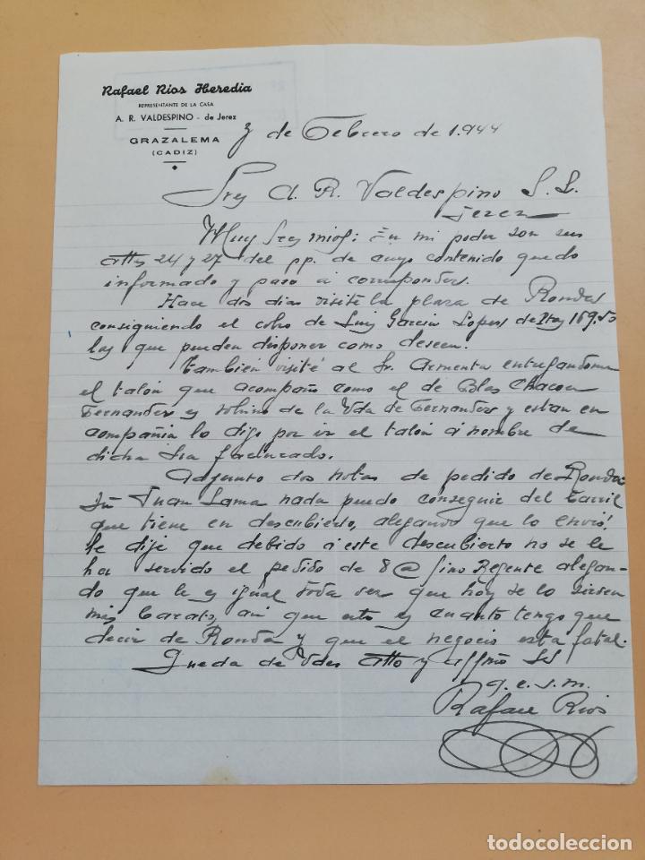 Gesch&auml;ftsbriefe: CARTA COMERCIAL. RAFAEL RIOS HEREDIA. REPRESENTANTE A. R. VALDESPINO. GRAZALEMA, CADIZ. 1944.
