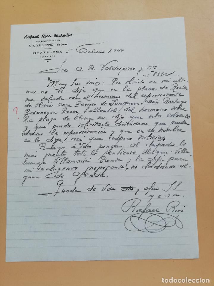 Gesch&auml;ftsbriefe: CARTA COMERCIAL. RAFAEL RIOS HEREDIA. REPRESENTANTE A. R. VALDESPINO. GRAZALEMA, CADIZ. 1944.