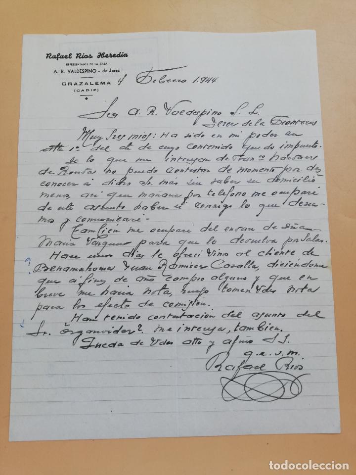 Gesch&auml;ftsbriefe: CARTA COMERCIAL. RAFAEL RIOS HEREDIA. REPRESENTANTE A. R. VALDESPINO. GRAZALEMA, CADIZ. 1944.