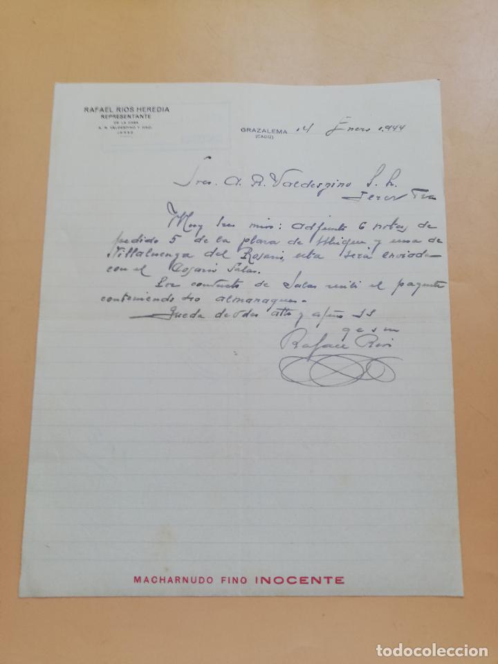 Gesch&auml;ftsbriefe: CARTA COMERCIAL. RAFAEL RIOS HEREDIA. REPRESENTANTE A. R. VALDESPINO. GRAZALEMA, CADIZ. 1944.