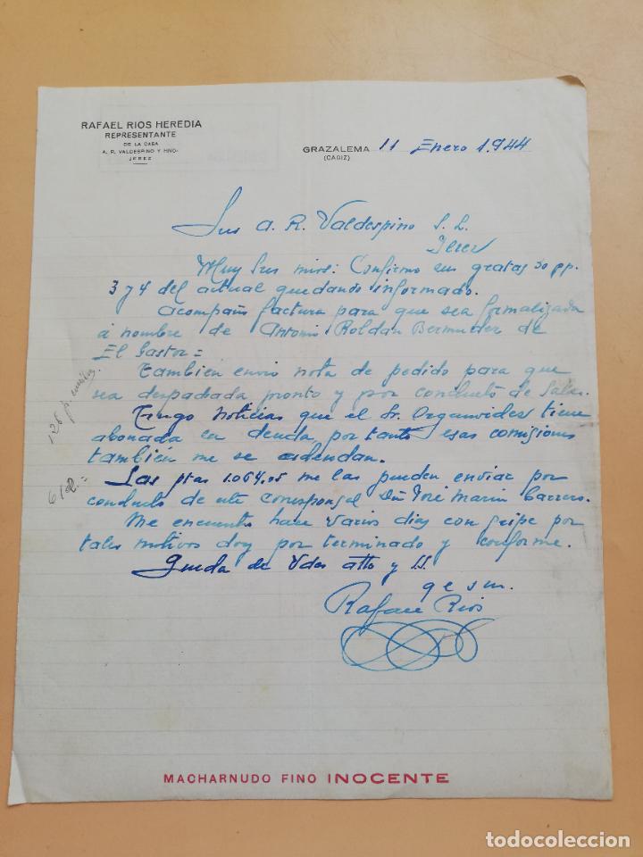 Gesch&auml;ftsbriefe: CARTA COMERCIAL. RAFAEL RIOS HEREDIA. REPRESENTANTE A. R. VALDESPINO. GRAZALEMA, CADIZ. 1944.