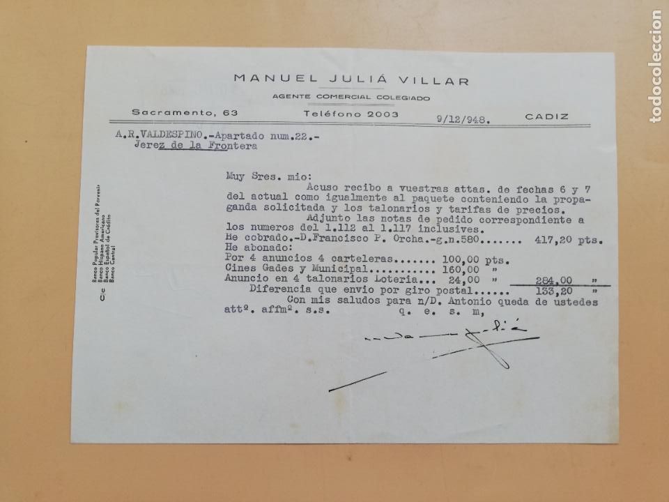 Gesch&auml;ftsbriefe: CARTA COMERCIAL. ACUSE DE RECIBO. MANUEL JULIA VILLAR. AGENTE COMERCIAL COLEGIADO. CADIZ. 1948.