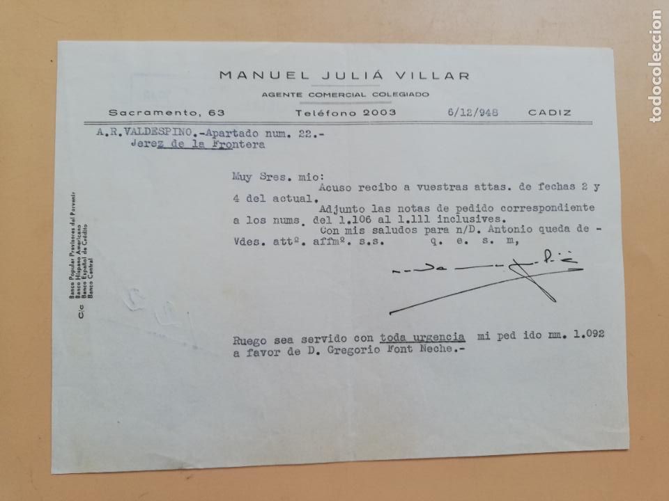 Gesch&auml;ftsbriefe: CARTA COMERCIAL. ACUSE DE RECIBO. MANUEL JULIA VILLAR. AGENTE COMERCIAL COLEGIADO. CADIZ. 1948.