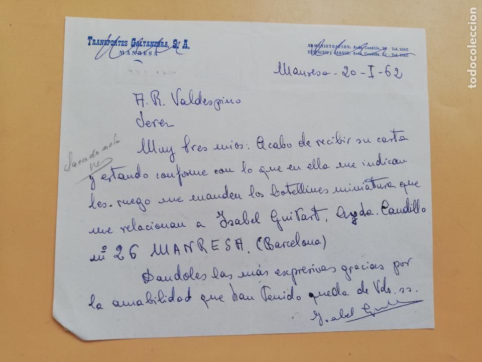 Gesch&auml;ftsbriefe: CARTA COMERCIAL. TRANSPORTES GALTANEGRA, S. A. MANRESA, BARCELONA. 1962.