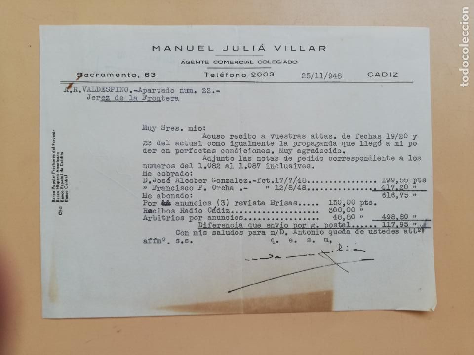 Gesch&auml;ftsbriefe: CARTA COMERCIAL. ACUSE DE RECIBO. MANUEL JULIA VILLAR. AGENTE COMERCIAL COLEGIADO. CADIZ. 1948.