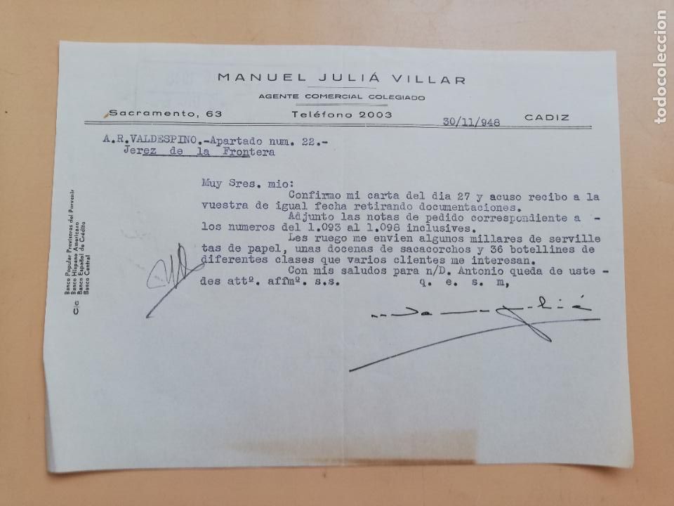 Gesch&auml;ftsbriefe: CARTA COMERCIAL. ACUSE DE RECIBO. MANUEL JULIA VILLAR. AGENTE COMERCIAL COLEGIADO. CADIZ. 1948.