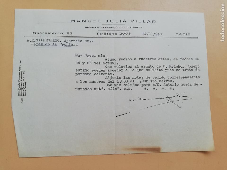 Gesch&auml;ftsbriefe: CARTA COMERCIAL. ACUSE DE RECIBO. MANUEL JULIA VILLAR. AGENTE COMERCIAL COLEGIADO. CADIZ. 1948.