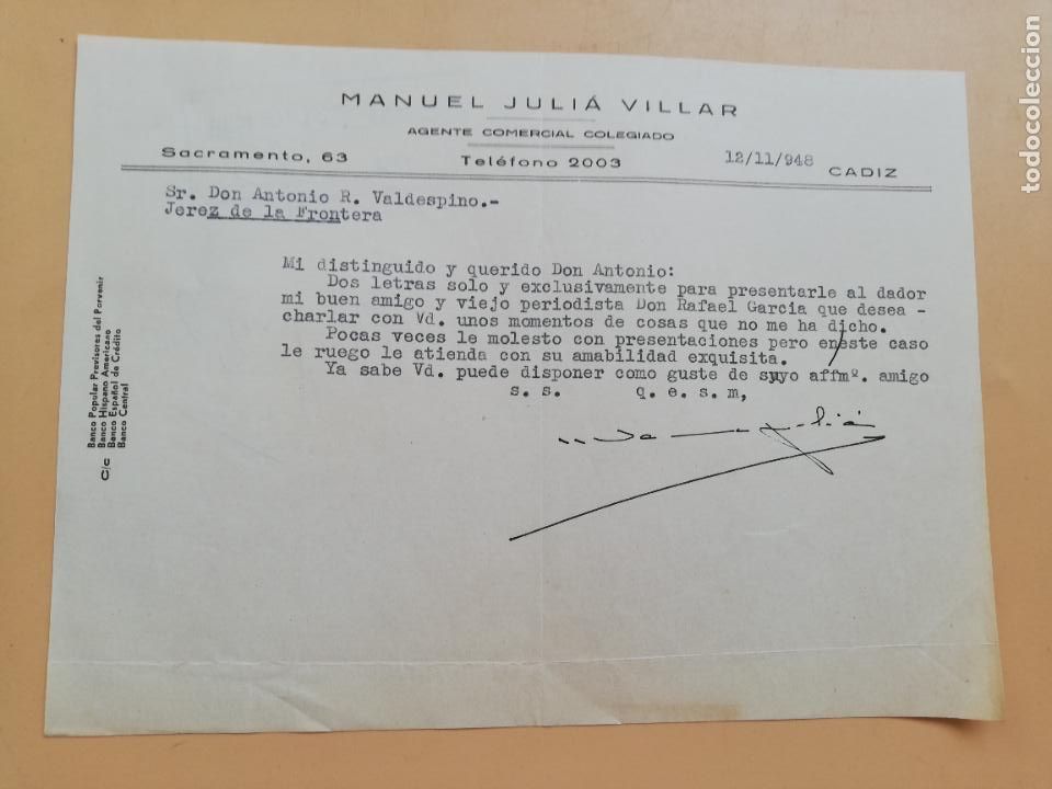 Gesch&auml;ftsbriefe: CARTA COMERCIAL. ACUSE DE RECIBO. MANUEL JULIA VILLAR. AGENTE COMERCIAL COLEGIADO. CADIZ. 1948.