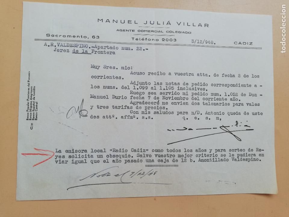 Gesch&auml;ftsbriefe: CARTA COMERCIAL. ACUSE DE RECIBO. MANUEL JULIA VILLAR. AGENTE COMERCIAL COLEGIADO. CADIZ. 1948.