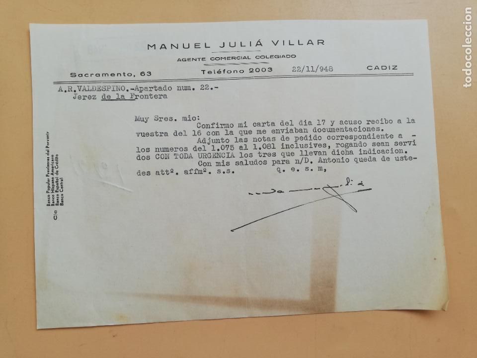 Gesch&auml;ftsbriefe: CARTA COMERCIAL. ACUSE DE RECIBO. MANUEL JULIA VILLAR. AGENTE COMERCIAL COLEGIADO. CADIZ. 1948.