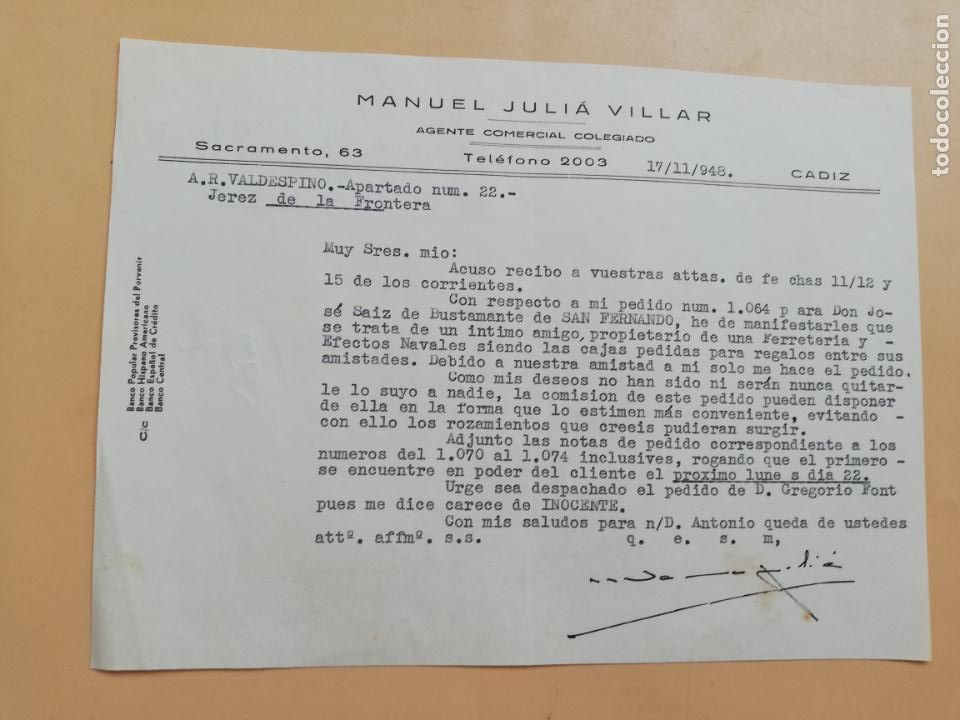 Gesch&auml;ftsbriefe: CARTA COMERCIAL. ACUSE DE RECIBO. MANUEL JULIA VILLAR. AGENTE COMERCIAL COLEGIADO. CADIZ. 1948.