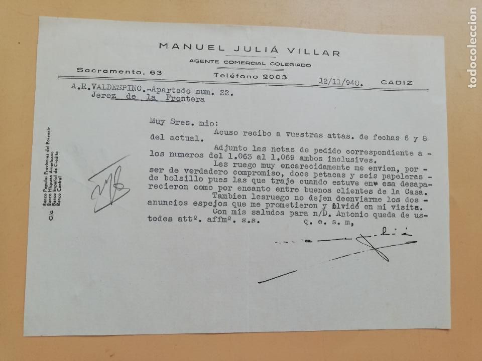 Gesch&auml;ftsbriefe: CARTA COMERCIAL. ACUSE DE RECIBO. MANUEL JULIA VILLAR. AGENTE COMERCIAL COLEGIADO. CADIZ. 1948.