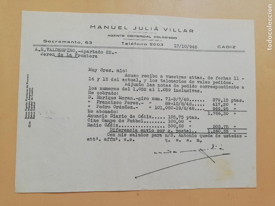 Gesch&auml;ftsbriefe: CARTA COMERCIAL. ACUSE DE RECIBO. MANUEL JULIA VILLAR. AGENTE COMERCIAL COLEGIADO. CADIZ. 1948.
