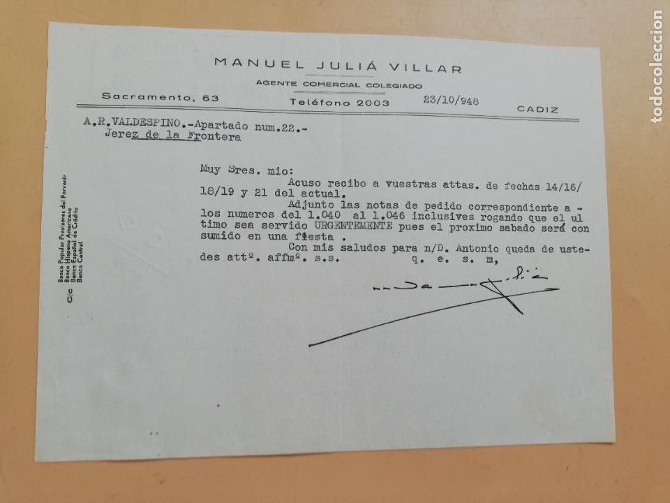 Gesch&auml;ftsbriefe: CARTA COMERCIAL. ACUSE DE RECIBO. MANUEL JULIA VILLAR. AGENTE COMERCIAL COLEGIADO. CADIZ. 1948.