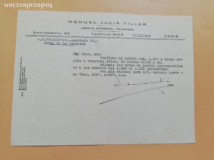 Gesch&auml;ftsbriefe: CARTA COMERCIAL. ACUSE DE RECIBO. MANUEL JULIA VILLAR. AGENTE COMERCIAL COLEGIADO. CADIZ. 1948.