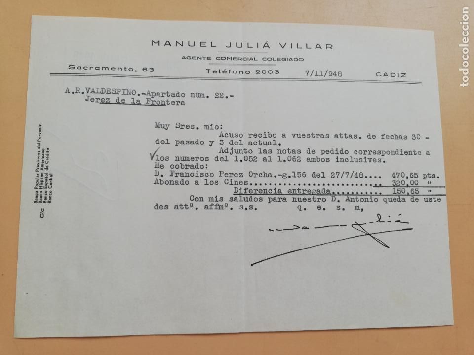 Gesch&auml;ftsbriefe: CARTA COMERCIAL. ACUSE DE RECIBO. MANUEL JULIA VILLAR. AGENTE COMERCIAL COLEGIADO. CADIZ. 1948.