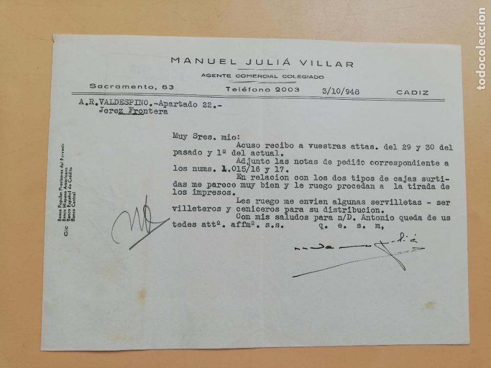 Gesch&auml;ftsbriefe: CARTA COMERCIAL. ACUSE DE RECIBO. MANUEL JULIA VILLAR. AGENTE COMERCIAL COLEGIADO. CADIZ. 1948.