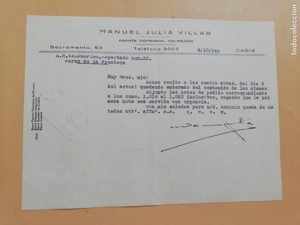 Gesch&auml;ftsbriefe: CARTA COMERCIAL. ACUSE DE RECIBO. MANUEL JULIA VILLAR. AGENTE COMERCIAL COLEGIADO. CADIZ. 1948.