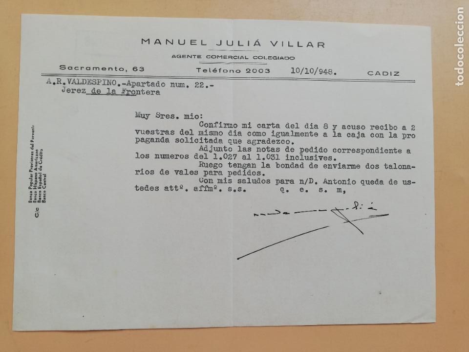 Gesch&auml;ftsbriefe: CARTA COMERCIAL. ACUSE DE RECIBO. MANUEL JULIA VILLAR. AGENTE COMERCIAL COLEGIADO. CADIZ. 1948.