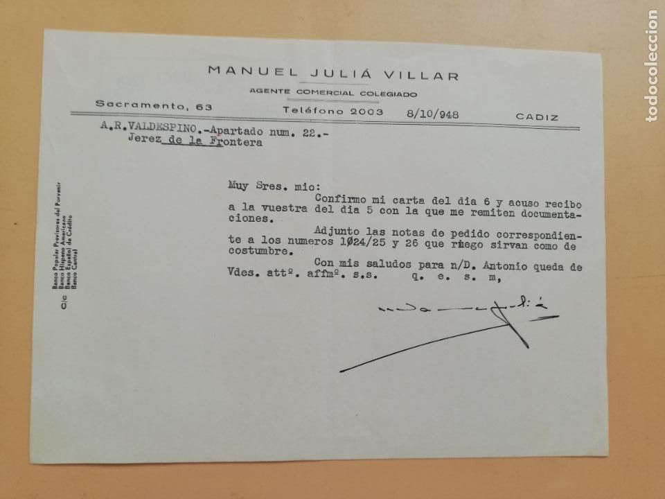 Gesch&auml;ftsbriefe: CARTA COMERCIAL. ACUSE DE RECIBO. MANUEL JULIA VILLAR. AGENTE COMERCIAL COLEGIADO. CADIZ. 1948.