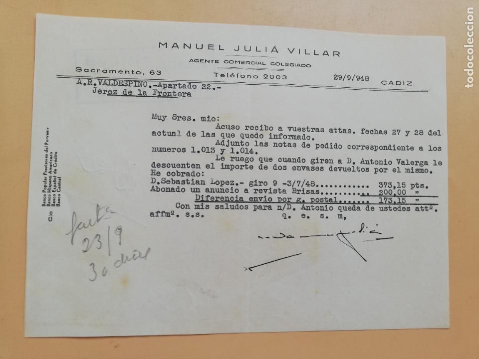 Gesch&auml;ftsbriefe: CARTA COMERCIAL. ACUSE DE RECIBO. MANUEL JULIA VILLAR. AGENTE COMERCIAL COLEGIADO. CADIZ. 1948.