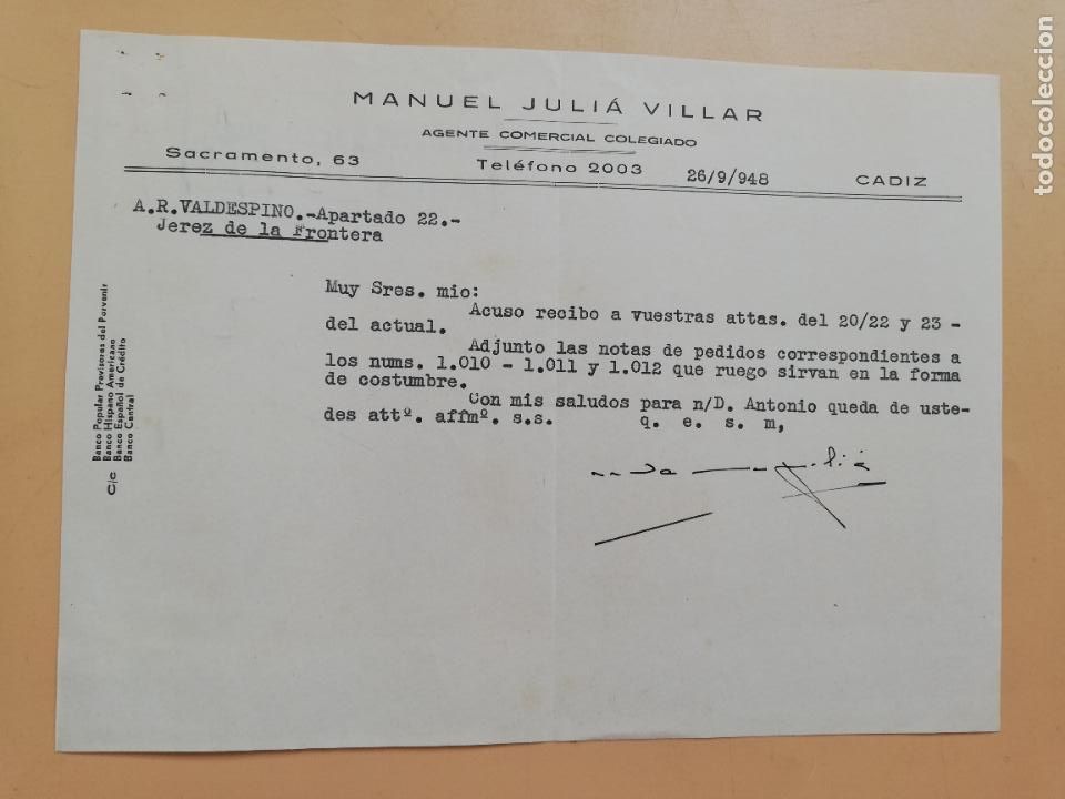 Gesch&auml;ftsbriefe: CARTA COMERCIAL. ACUSE DE RECIBO. MANUEL JULIA VILLAR. AGENTE COMERCIAL COLEGIADO. CADIZ. 1948.