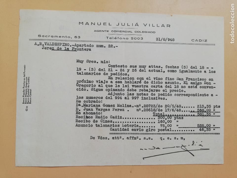 Gesch&auml;ftsbriefe: CARTA COMERCIAL. ACUSE DE RECIBO. MANUEL JULIA VILLAR. AGENTE COMERCIAL COLEGIADO. CADIZ. 1948.