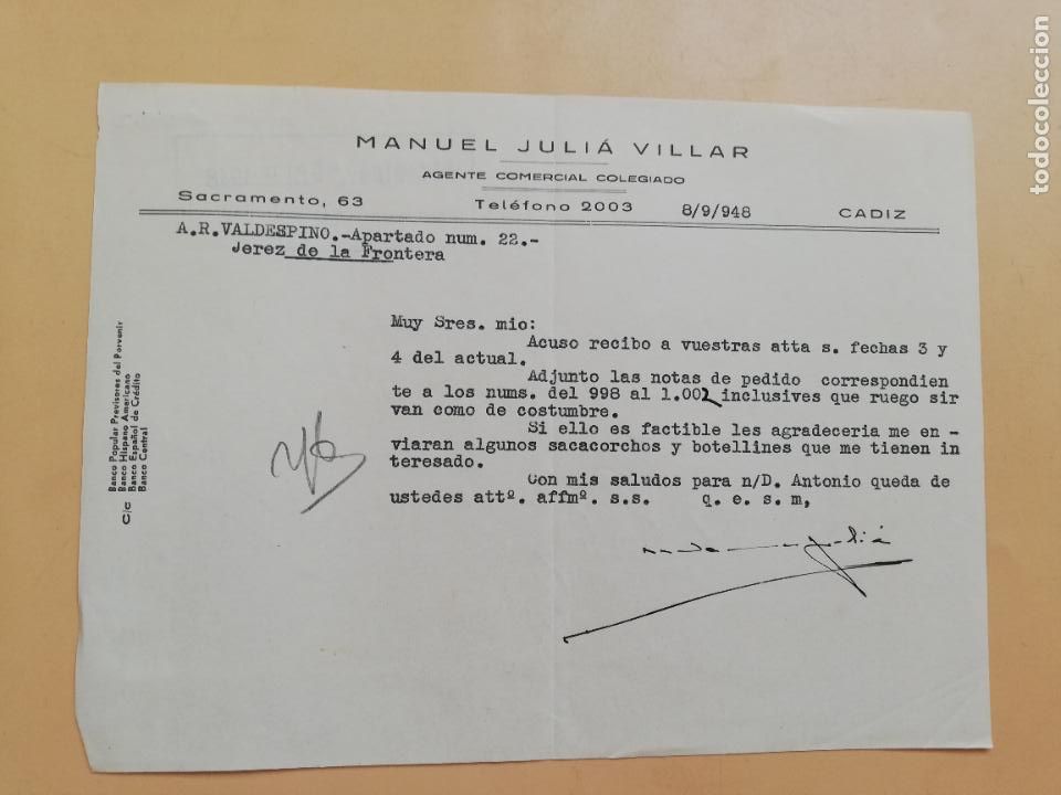Gesch&auml;ftsbriefe: CARTA COMERCIAL. ACUSE DE RECIBO. MANUEL JULIA VILLAR. AGENTE COMERCIAL COLEGIADO. CADIZ. 1948.