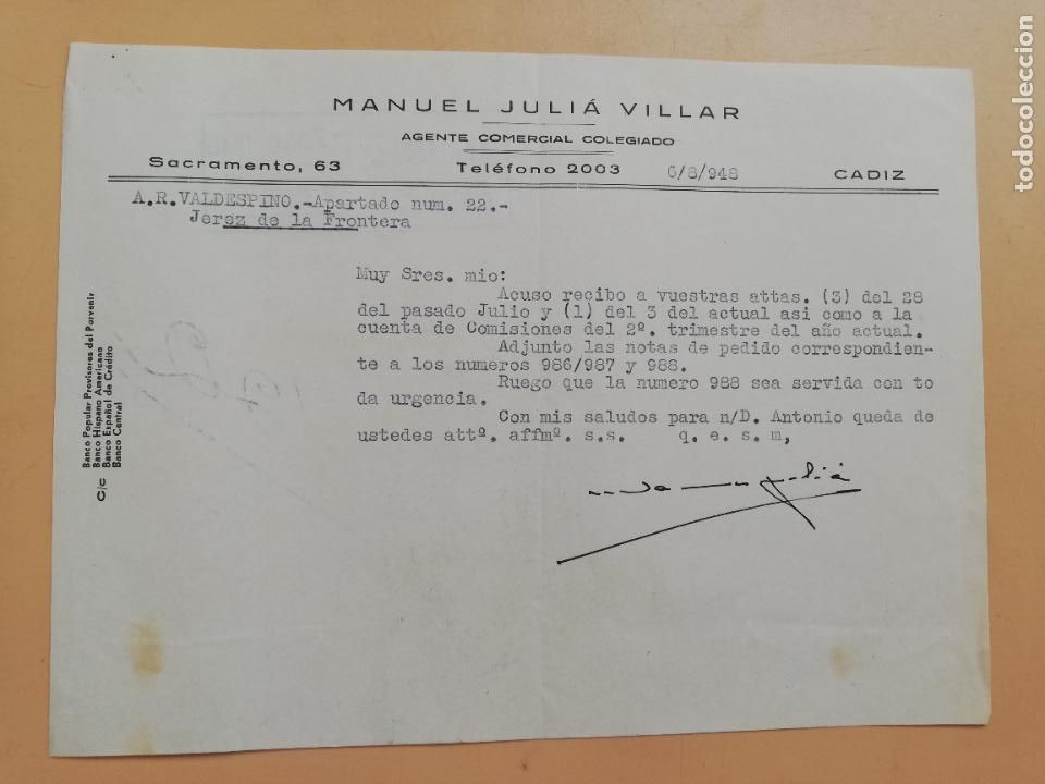Gesch&auml;ftsbriefe: CARTA COMERCIAL. ACUSE DE RECIBO. MANUEL JULIA VILLAR. AGENTE COMERCIAL COLEGIADO. CADIZ. 1948.
