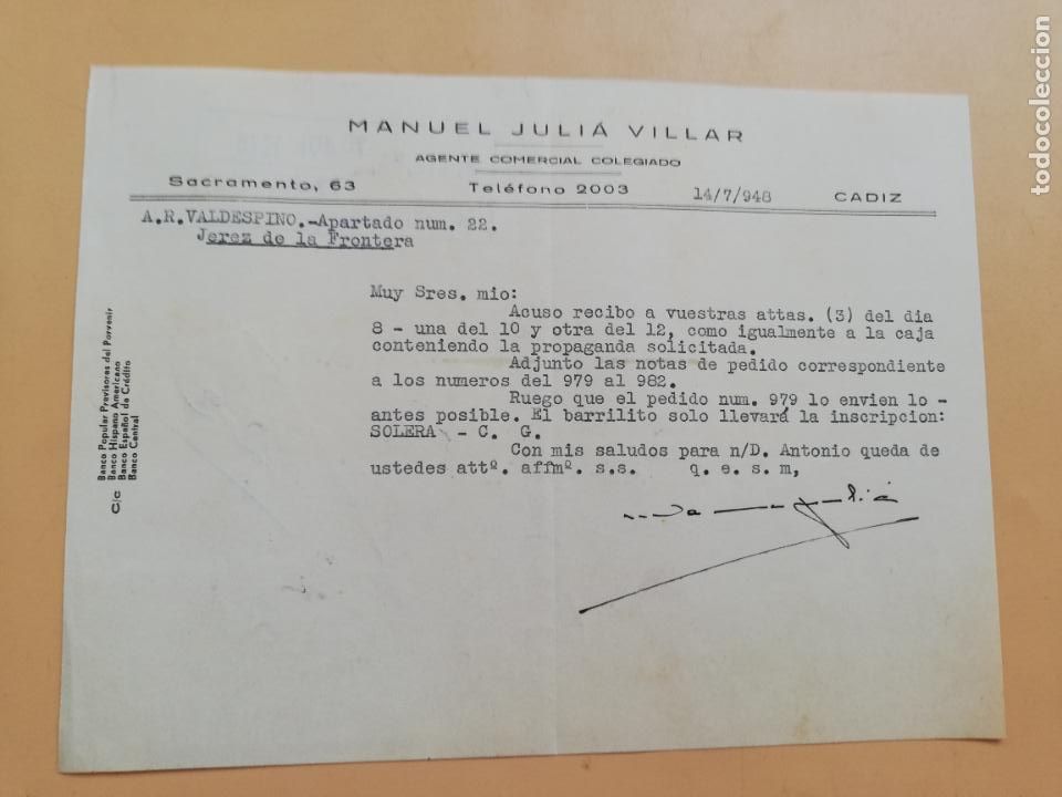 Gesch&auml;ftsbriefe: CARTA COMERCIAL. ACUSE DE RECIBO. MANUEL JULIA VILLAR. AGENTE COMERCIAL COLEGIADO. CADIZ. 1948.