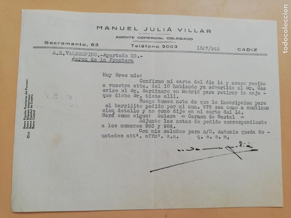Gesch&auml;ftsbriefe: CARTA COMERCIAL. ACUSE DE RECIBO. MANUEL JULIA VILLAR. AGENTE COMERCIAL COLEGIADO. CADIZ. 1948.